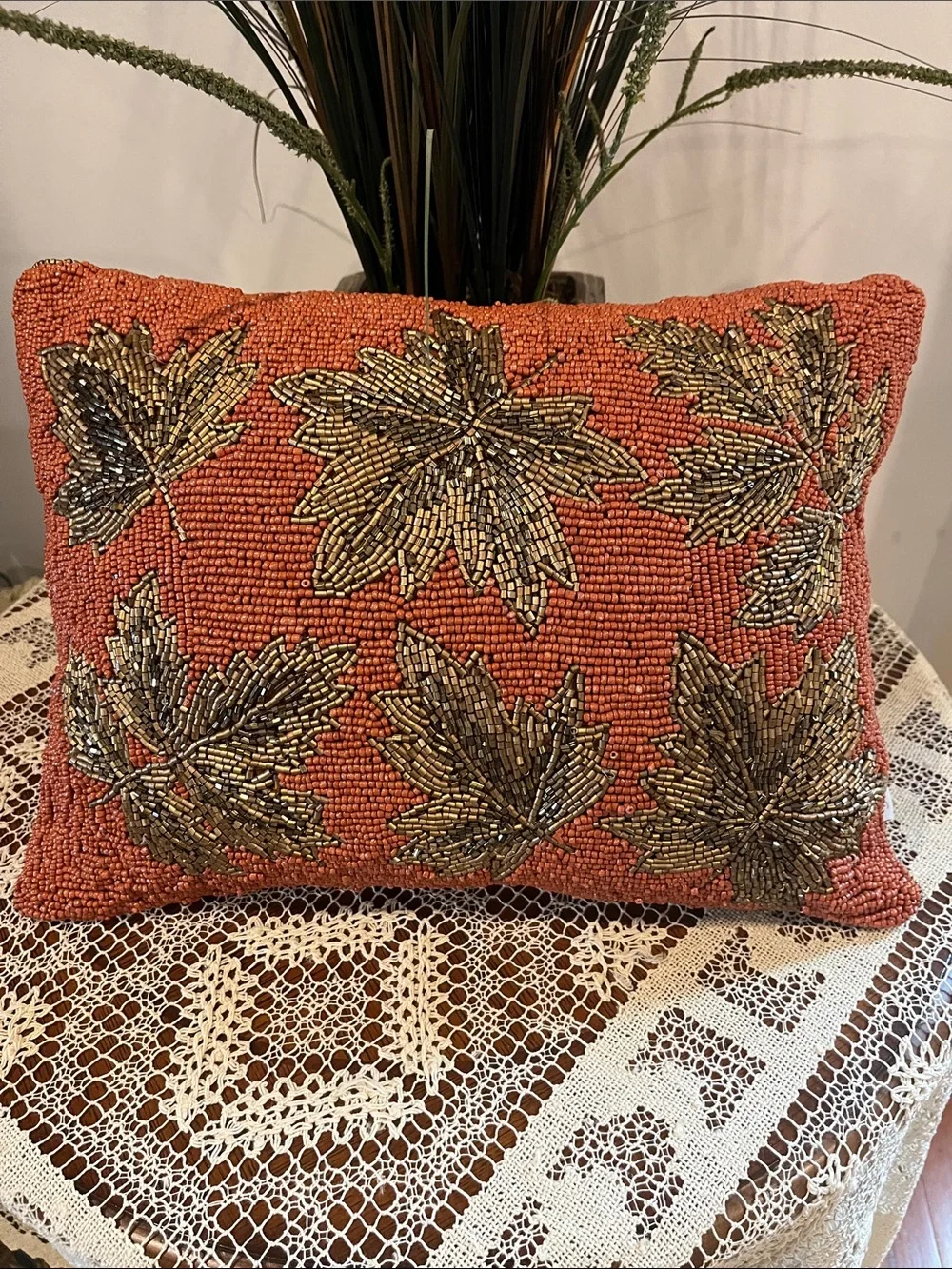 Autumn Hill Orange with Gold Leaves Ornate Beaded Accent Pillow Fall Decor